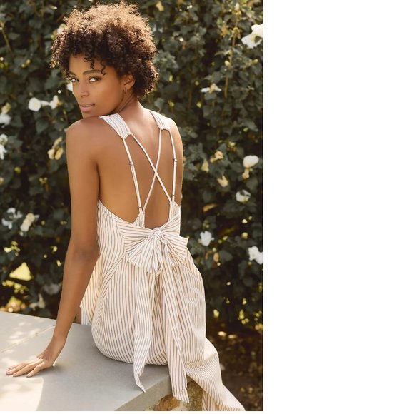 By Anthropologie Sleeveless Bow-Back Maxi Dress SIZE S new ivory stripes new nwt - Picture 2 of 7